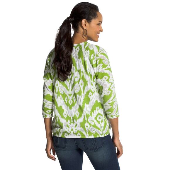 Chico's Tianna Cardigan 1 M Ikat Burnout Open Front 3/4 Sleeve Knit Green White - Picture 2 of 9